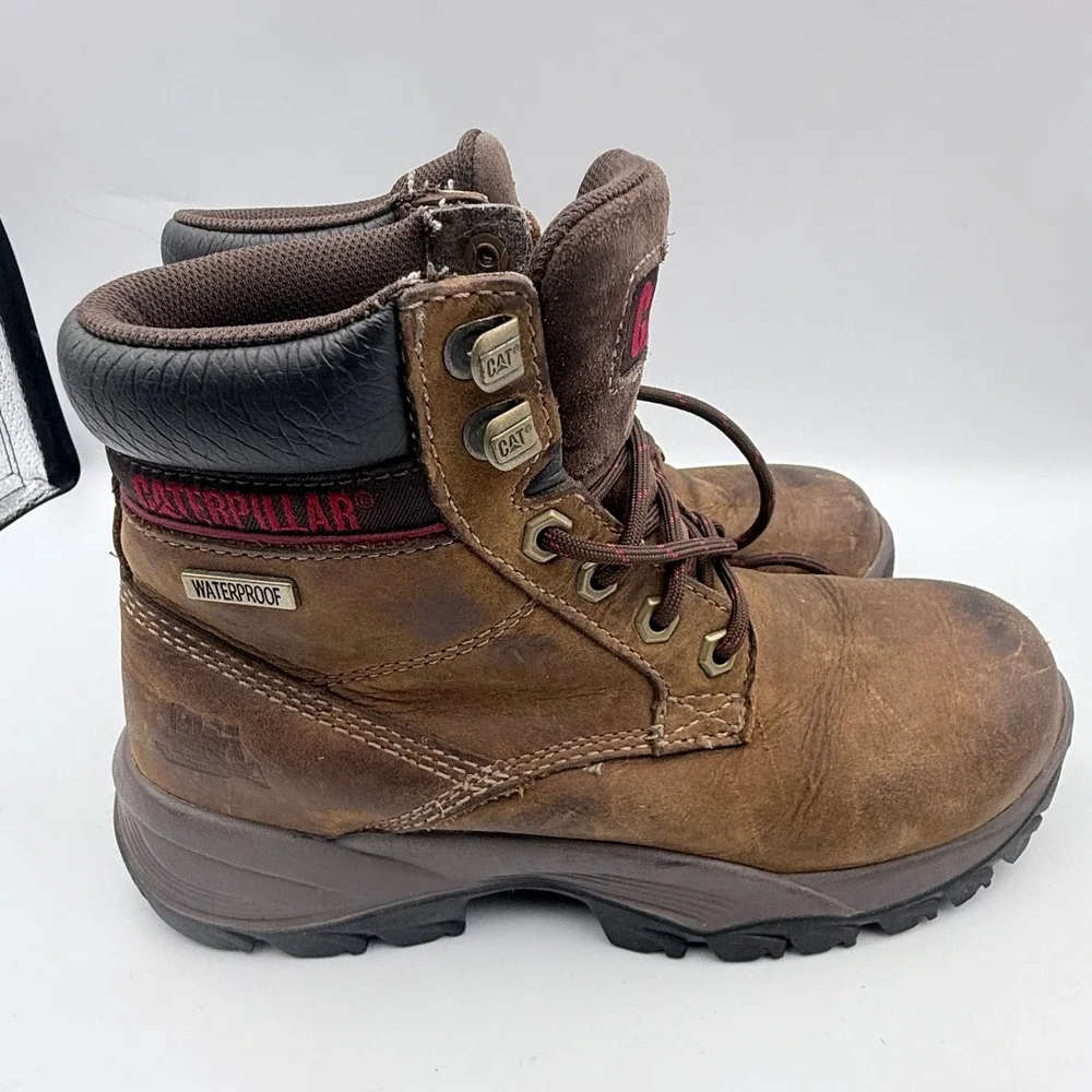 Caterpillar Work Boots Mens 7.5 Brown Leather Waterproof Lace Up Industrial 0082